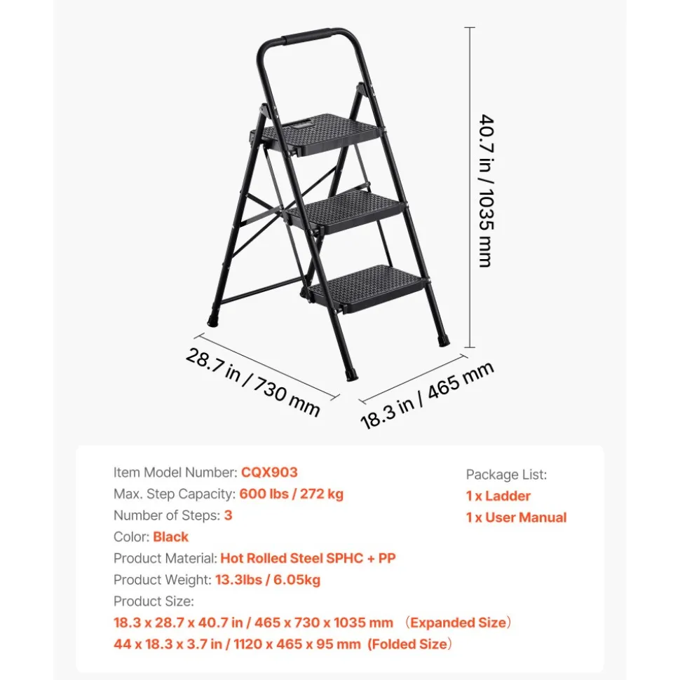 VEVOR 3 Step Ladder, Folding Step Stool with Wide Anti-Slip Pedal and Comfort Handgrip, Lightweight 600 lbs Capacity Portable Steel Ladder, Multi-Use for Kitchen, Home, Household and Office, Black
