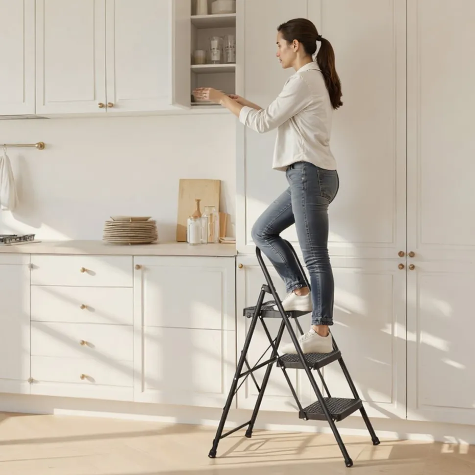 VEVOR 3 Step Ladder, Folding Step Stool with Wide Anti-Slip Pedal and Comfort Handgrip, Lightweight 600 lbs Capacity Portable Steel Ladder, Multi-Use for Kitchen, Home, Household and Office, Black