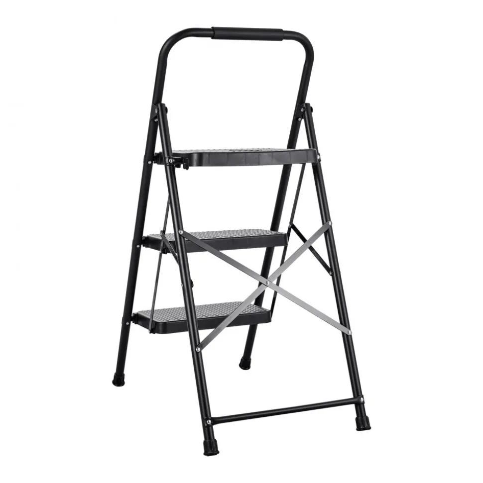 VEVOR 3 Step Ladder, Folding Step Stool with Wide Anti-Slip Pedal and Comfort Handgrip, Lightweight 600 lbs Capacity Portable Steel Ladder, Multi-Use for Kitchen, Home, Household and Office, Black
