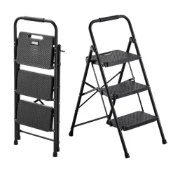 VEVOR 3 Step Ladder, Folding Step Stool with Wide Anti-Slip Pedal and Comfort Handgrip, Lightweight 600 lbs Capacity Portable Steel Ladder, Multi-Use for Kitchen, Home, Household and Office, Black