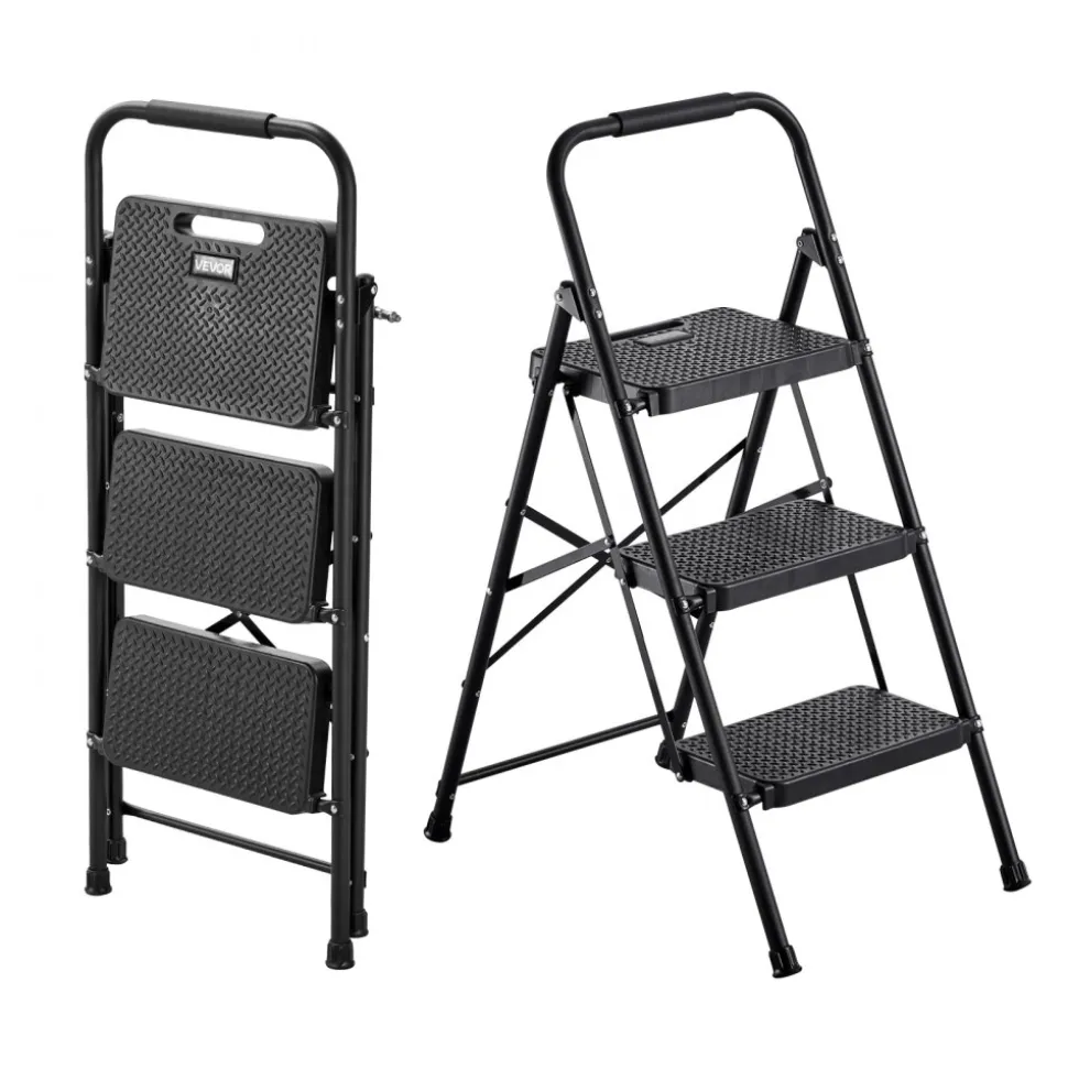 VEVOR 3 Step Ladder, Folding Step Stool with Wide Anti-Slip Pedal and Comfort Handgrip, Lightweight 600 lbs Capacity Portable Steel Ladder, Multi-Use for Kitchen, Home, Household and Office, Black