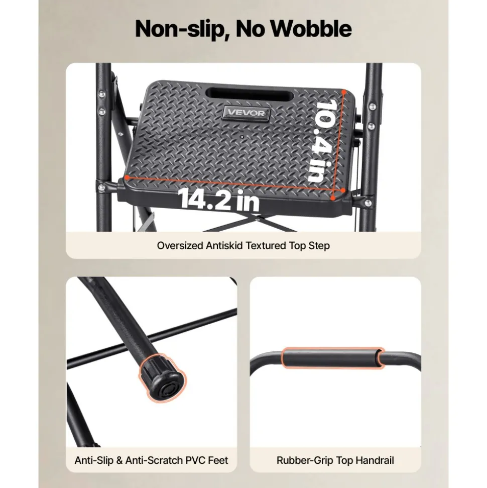 VEVOR 3 Step Ladder, Folding Step Stool with Wide Anti-Slip Pedal and Comfort Handgrip, Lightweight 600 lbs Capacity Portable Steel Ladder, Multi-Use for Kitchen, Home, Household and Office, Black