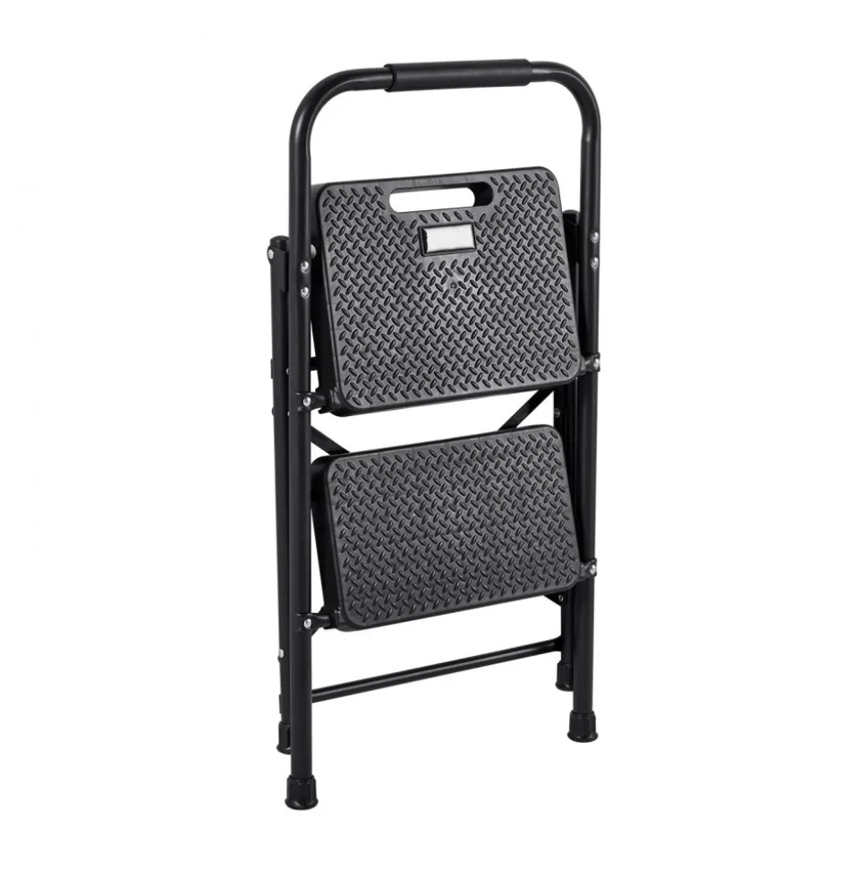 VEVOR 2 Step Ladder, Folding Step Stool with Wide Anti-Slip Pedal and Comfort Handgrip, Lightweight 600 lbs Capacity Portable Steel Ladder, Multi-Use for Kitchen, Home, Household and Office, Black