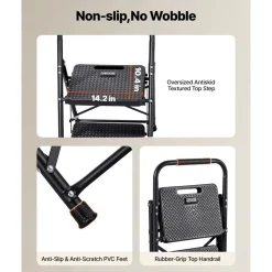 VEVOR 2 Step Ladder, Folding Step Stool with Wide Anti-Slip Pedal and Comfort Handgrip, Lightweight 600 lbs Capacity Portable Steel Ladder, Multi-Use for Kitchen, Home, Household and Office, Black