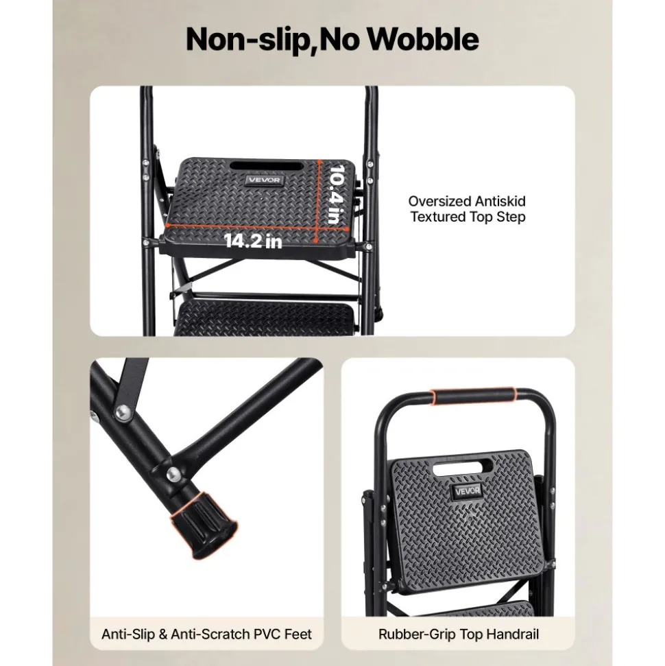 VEVOR 2 Step Ladder, Folding Step Stool with Wide Anti-Slip Pedal and Comfort Handgrip, Lightweight 600 lbs Capacity Portable Steel Ladder, Multi-Use for Kitchen, Home, Household and Office, Black