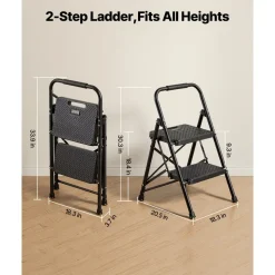 VEVOR 2 Step Ladder, Folding Step Stool with Wide Anti-Slip Pedal and Comfort Handgrip, Lightweight 600 lbs Capacity Portable Steel Ladder, Multi-Use for Kitchen, Home, Household and Office, Black