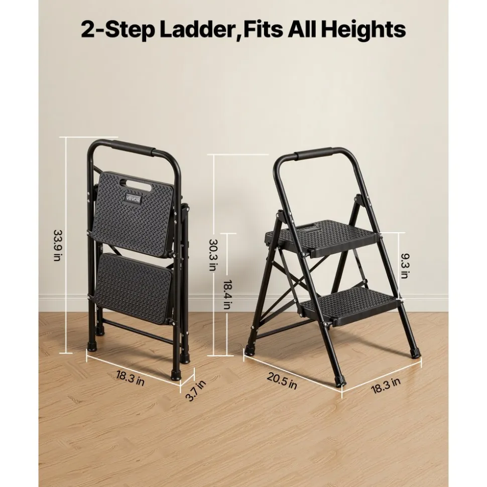 VEVOR 2 Step Ladder, Folding Step Stool with Wide Anti-Slip Pedal and Comfort Handgrip, Lightweight 600 lbs Capacity Portable Steel Ladder, Multi-Use for Kitchen, Home, Household and Office, Black
