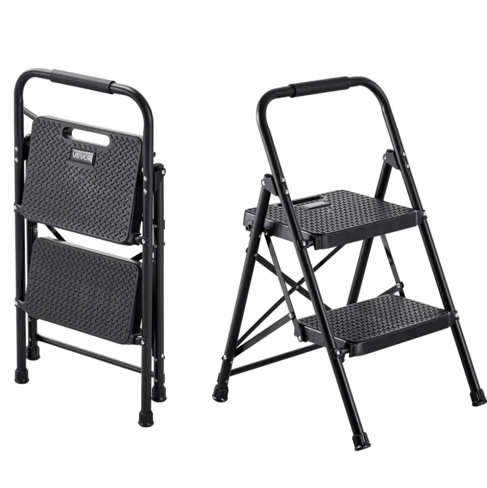 VEVOR 2 Step Ladder, Folding Step Stool with Wide Anti-Slip Pedal and Comfort Handgrip, Lightweight 600 lbs Capacity Portable Steel Ladder, Multi-Use for Kitchen, Home, Household and Office, Black