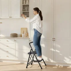 VEVOR 2 Step Ladder, Folding Step Stool with Wide Anti-Slip Pedal and Comfort Handgrip, Lightweight 600 lbs Capacity Portable Steel Ladder, Multi-Use for Kitchen, Home, Household and Office, Black