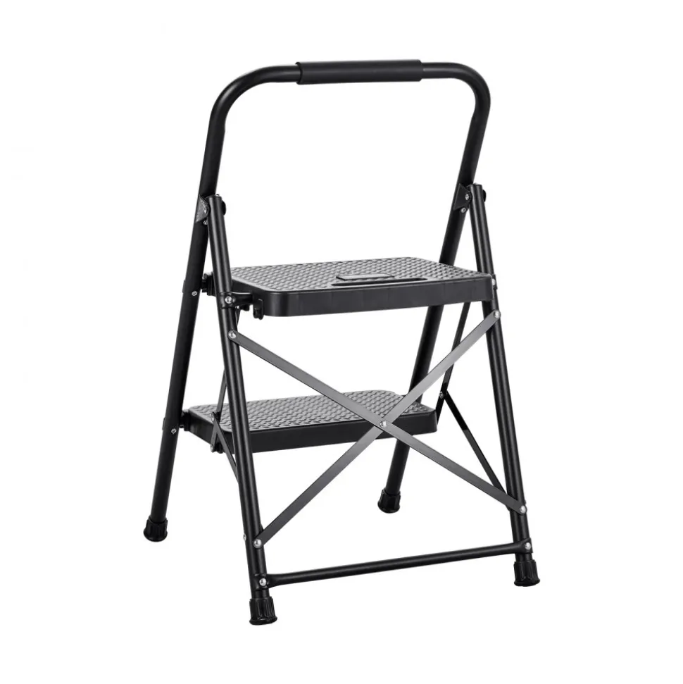VEVOR 2 Step Ladder, Folding Step Stool with Wide Anti-Slip Pedal and Comfort Handgrip, Lightweight 600 lbs Capacity Portable Steel Ladder, Multi-Use for Kitchen, Home, Household and Office, Black