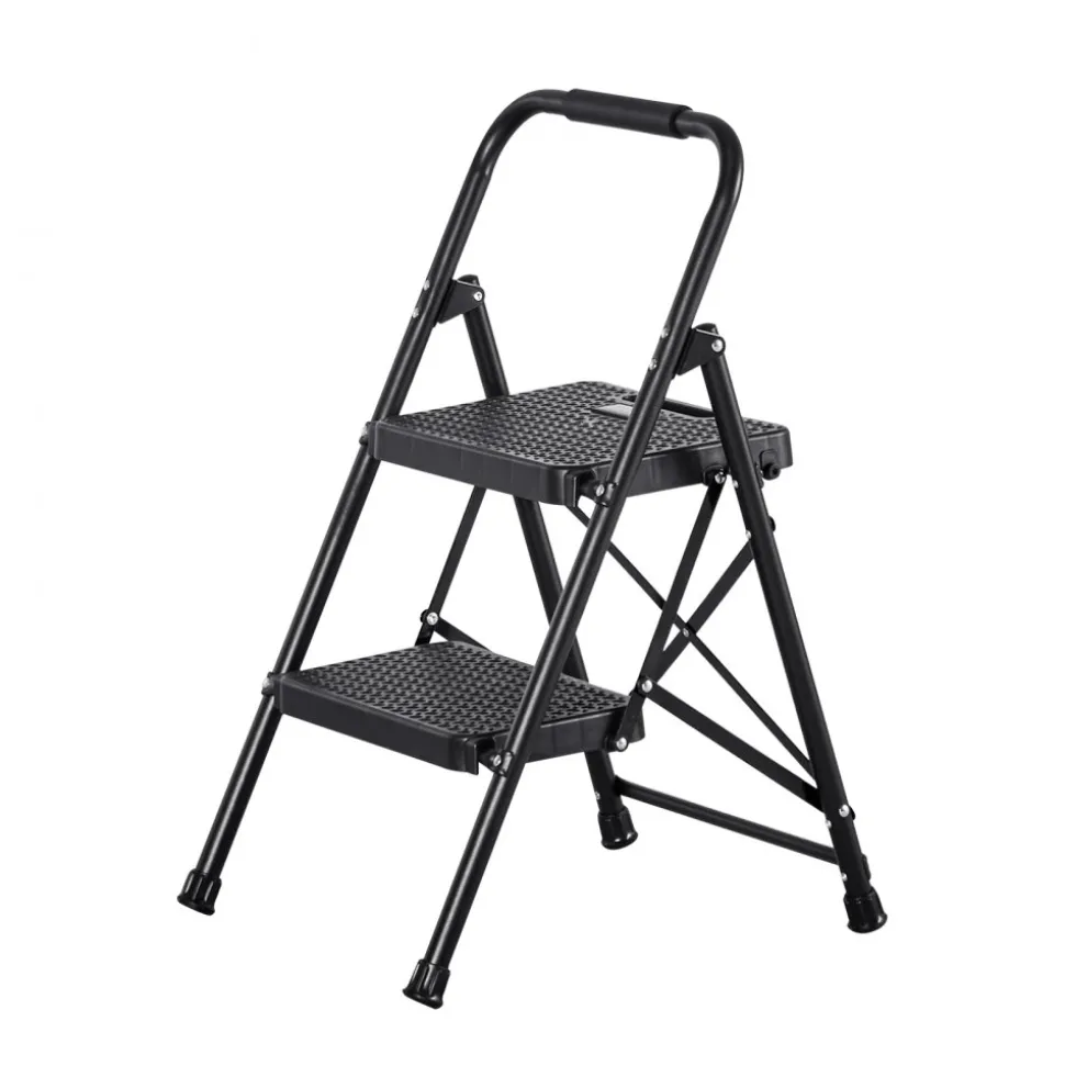 VEVOR 2 Step Ladder, Folding Step Stool with Wide Anti-Slip Pedal and Comfort Handgrip, Lightweight 600 lbs Capacity Portable Steel Ladder, Multi-Use for Kitchen, Home, Household and Office, Black