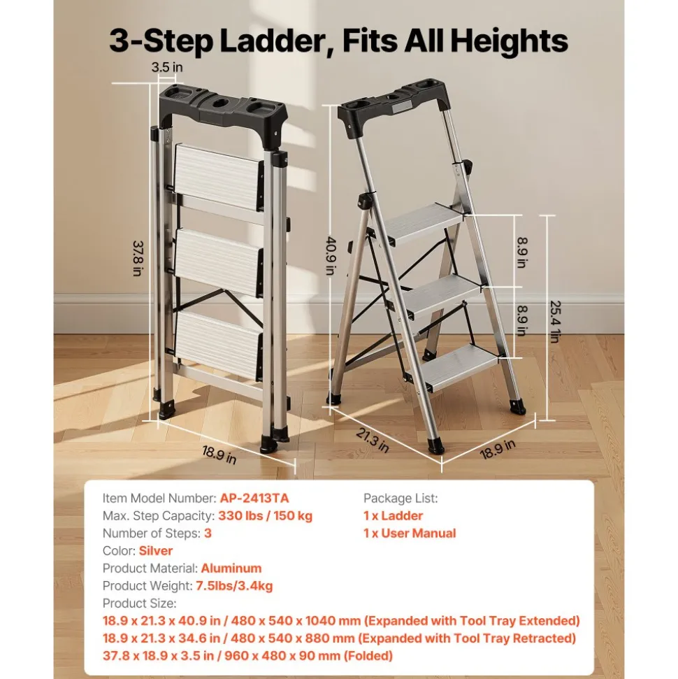 VEVOR 5 Step Ladder, Folding Step Stool with Wide Anti-Slip Pedal and Comfort Handgrip, 330 lbs Capacity Portable Aluminum Stepladder, Multi-Use for Kitchen, Warehouse, Household and Office, Silver