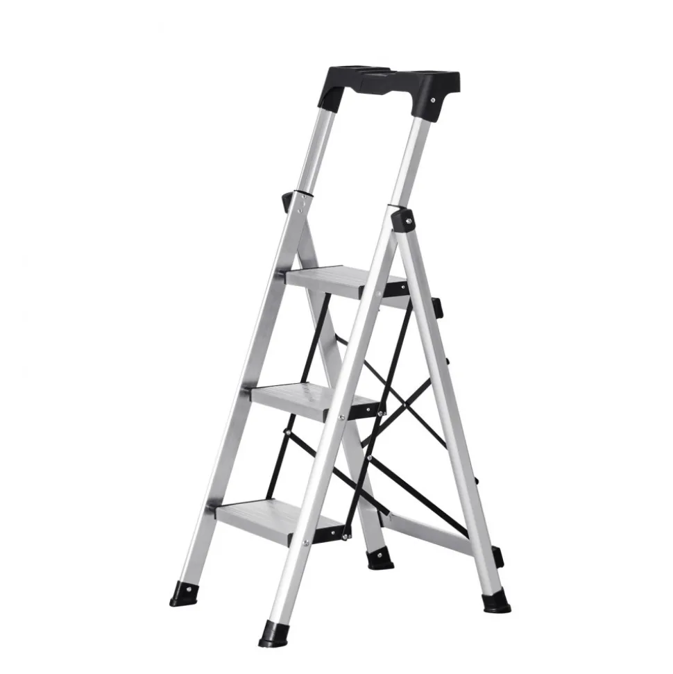 VEVOR 5 Step Ladder, Folding Step Stool with Wide Anti-Slip Pedal and Comfort Handgrip, 330 lbs Capacity Portable Aluminum Stepladder, Multi-Use for Kitchen, Warehouse, Household and Office, Silver