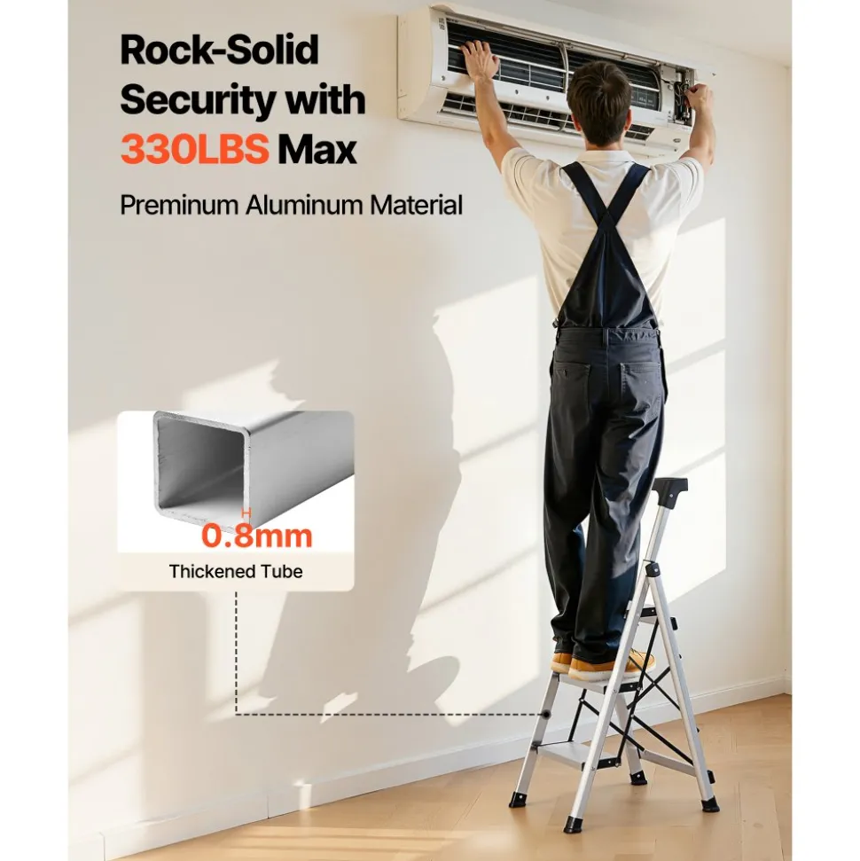 VEVOR 5 Step Ladder, Folding Step Stool with Wide Anti-Slip Pedal and Comfort Handgrip, 330 lbs Capacity Portable Aluminum Stepladder, Multi-Use for Kitchen, Warehouse, Household and Office, Silver
