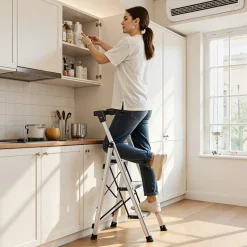 VEVOR 5 Step Ladder, Folding Step Stool with Wide Anti-Slip Pedal and Comfort Handgrip, 330 lbs Capacity Portable Aluminum Stepladder, Multi-Use for Kitchen, Warehouse, Household and Office, Silver
