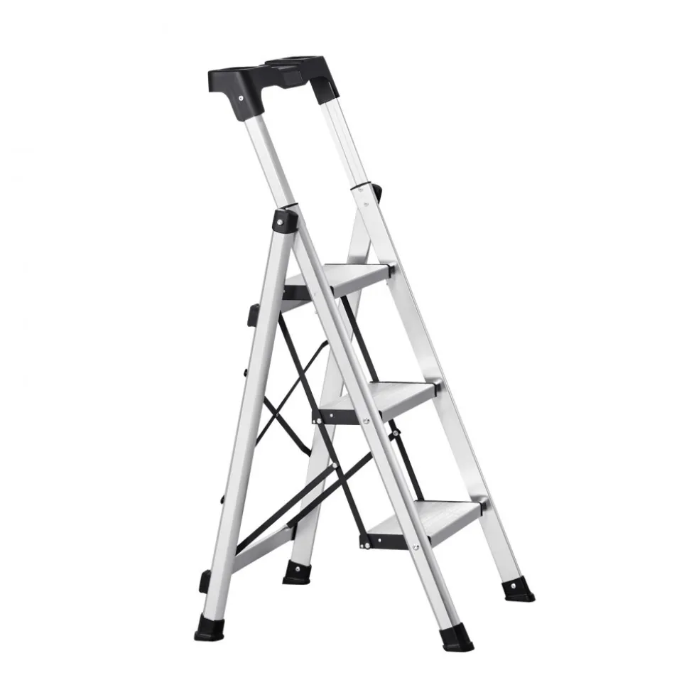 VEVOR 5 Step Ladder, Folding Step Stool with Wide Anti-Slip Pedal and Comfort Handgrip, 330 lbs Capacity Portable Aluminum Stepladder, Multi-Use for Kitchen, Warehouse, Household and Office, Silver