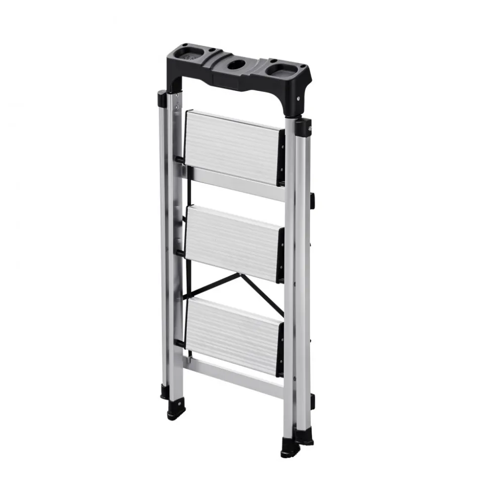 VEVOR 5 Step Ladder, Folding Step Stool with Wide Anti-Slip Pedal and Comfort Handgrip, 330 lbs Capacity Portable Aluminum Stepladder, Multi-Use for Kitchen, Warehouse, Household and Office, Silver