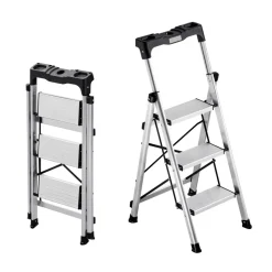 VEVOR 5 Step Ladder, Folding Step Stool with Wide Anti-Slip Pedal and Comfort Handgrip, 330 lbs Capacity Portable Aluminum Stepladder, Multi-Use for Kitchen, Warehouse, Household and Office, Silver
