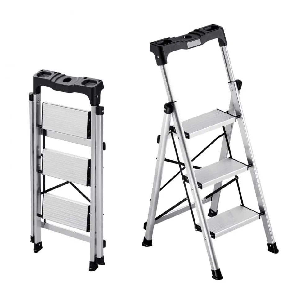 VEVOR 5 Step Ladder, Folding Step Stool with Wide Anti-Slip Pedal and Comfort Handgrip, 330 lbs Capacity Portable Aluminum Stepladder, Multi-Use for Kitchen, Warehouse, Household and Office, Silver