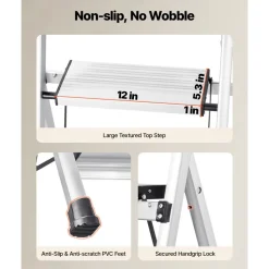 VEVOR 5 Step Ladder, Folding Step Stool with Wide Anti-Slip Pedal and Comfort Handgrip, 330 lbs Capacity Portable Aluminum Stepladder, Multi-Use for Kitchen, Warehouse, Household and Office, Silver