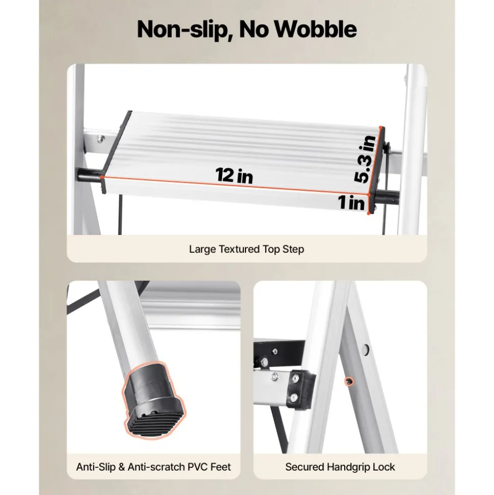 VEVOR 5 Step Ladder, Folding Step Stool with Wide Anti-Slip Pedal and Comfort Handgrip, 330 lbs Capacity Portable Aluminum Stepladder, Multi-Use for Kitchen, Warehouse, Household and Office, Silver