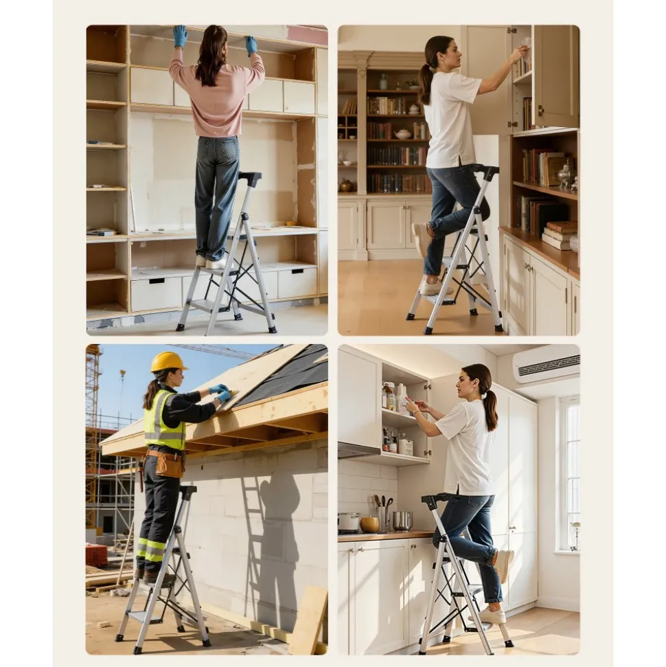 VEVOR 5 Step Ladder, Folding Step Stool with Wide Anti-Slip Pedal and Comfort Handgrip, 330 lbs Capacity Portable Aluminum Stepladder, Multi-Use for Kitchen, Warehouse, Household and Office, Silver