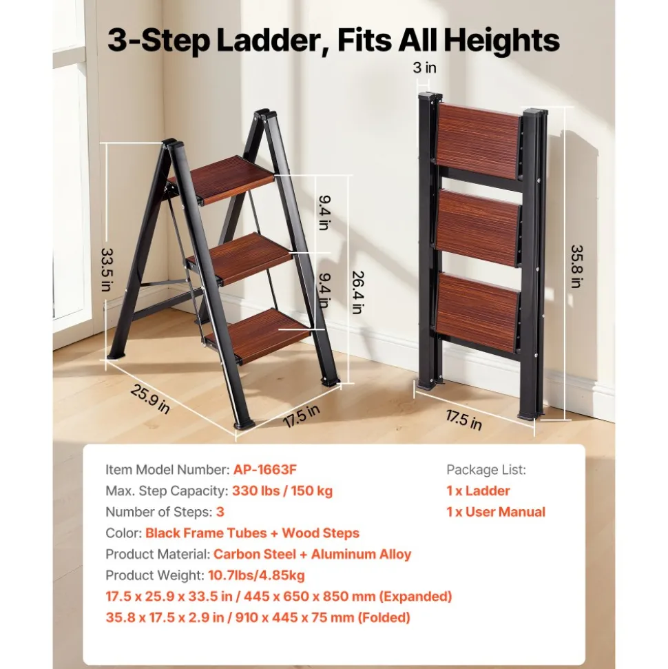 VEVOR 3 Step Ladder, Folding Step Stool with Wide Anti-Slip Pedal and Comfort Handgrip, Lightweight 330 lbs Capacity Portable Aluminum Plant Support, Multi-Use for Adults, Home Repairing, Cleaning