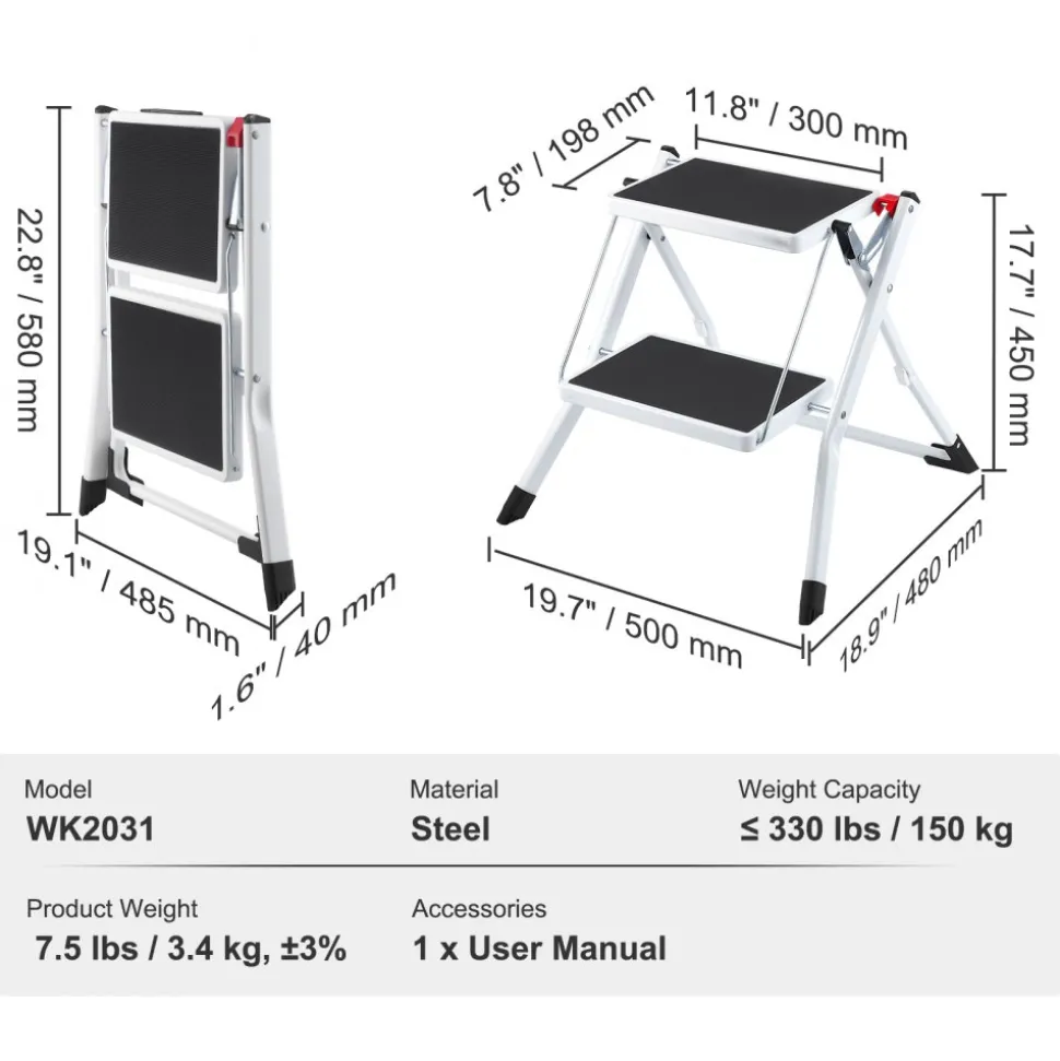 VEVOR Step Ladder 2-Step 330lbs Capacity, Ergonomic Folding Steel Step Stool with Wide Anti-Slip Pedal, Sturdy Step Stool for Adults Toddlers, Multi-Use for Household, Kitchen, Office, RVs