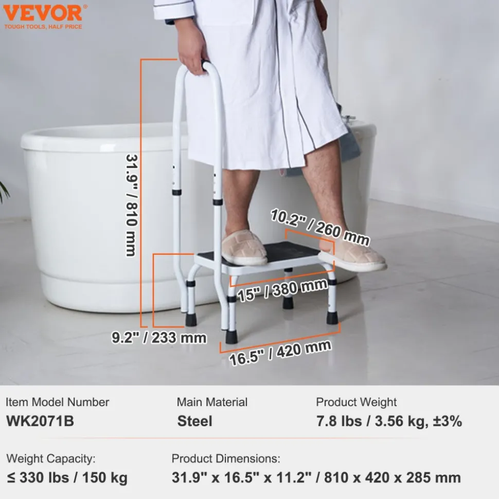 VEVOR Step Stool 1-Step 330lbs Capacity, 3 Adjustable Height with Handle Steel Step Ladder, Portable Toddler Step Stools for Adults, Non-Slip Sturdy Step Ladders for Office, RVs, Pets