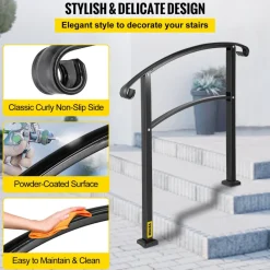 VEVOR 3-Step Transitional Handrail Fits 1 or 3 Steps Matte Stair Rail Wrought Iron Handrail with Installation Kit Hand Rails for Outdoor Steps (Unadjustable) (Black)