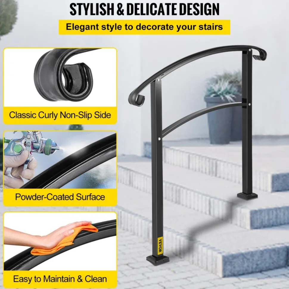 VEVOR 3-Step Transitional Handrail Fits 1 or 3 Steps Matte Stair Rail Wrought Iron Handrail with Installation Kit Hand Rails for Outdoor Steps (Unadjustable) (Black)