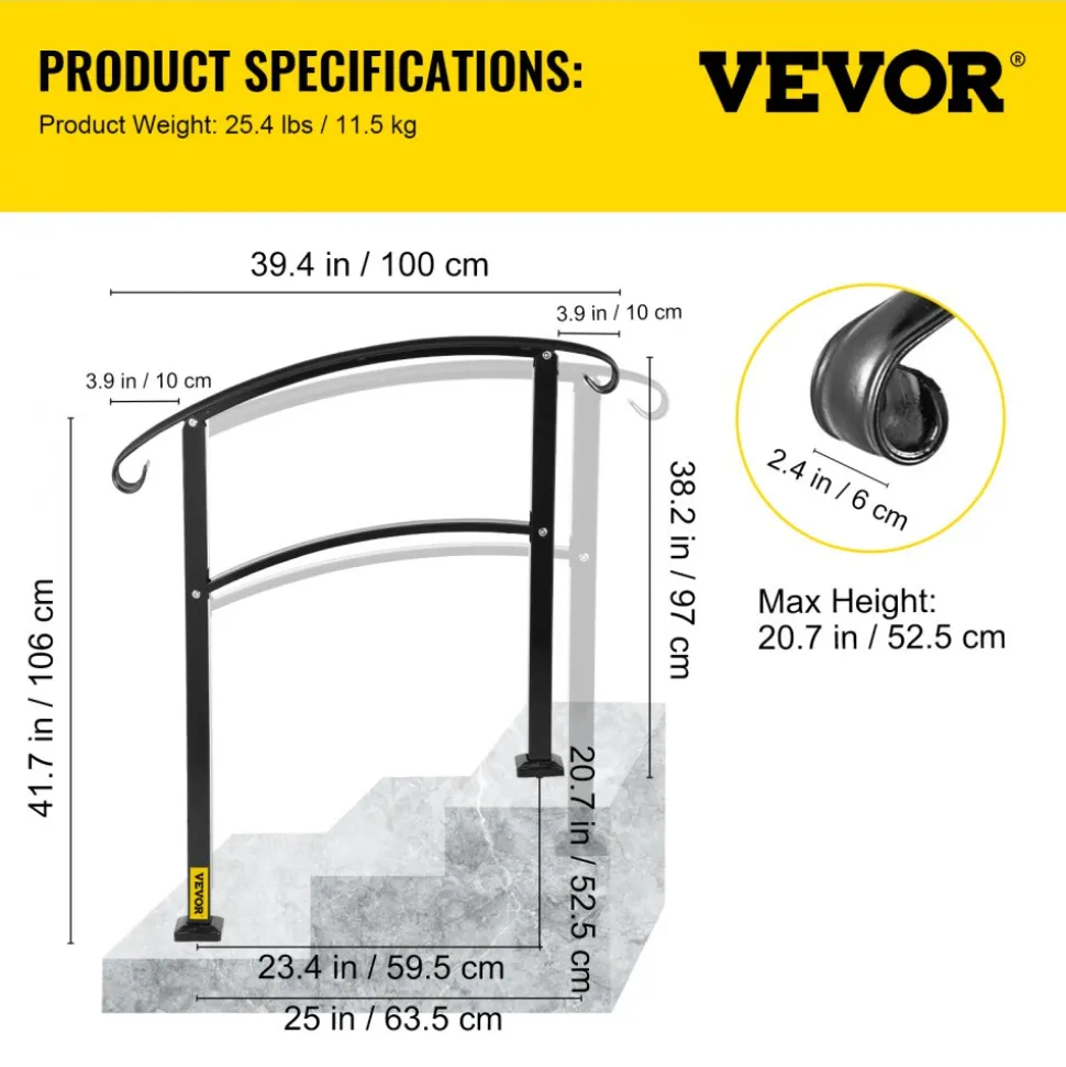VEVOR 3-Step Transitional Handrail Fits 1 or 3 Steps Matte Stair Rail Wrought Iron Handrail with Installation Kit Hand Rails for Outdoor Steps (Unadjustable) (Black)