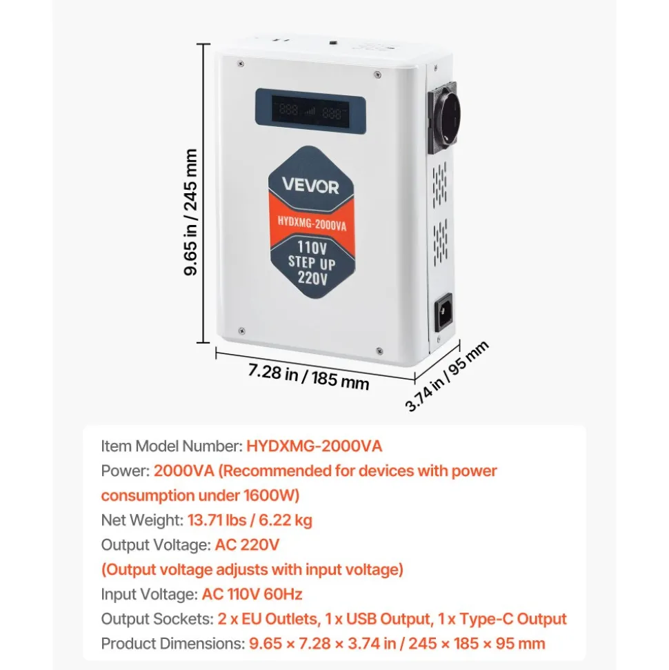 VEVOR Step Up Voltage Converter, 3000VA, Heavy Duty Voltage Power Converter, 110V to 220V Power Transformer, with 2 EU Outlets, USB Output, LCD Display, Temperature Protection, for 220V Appliances