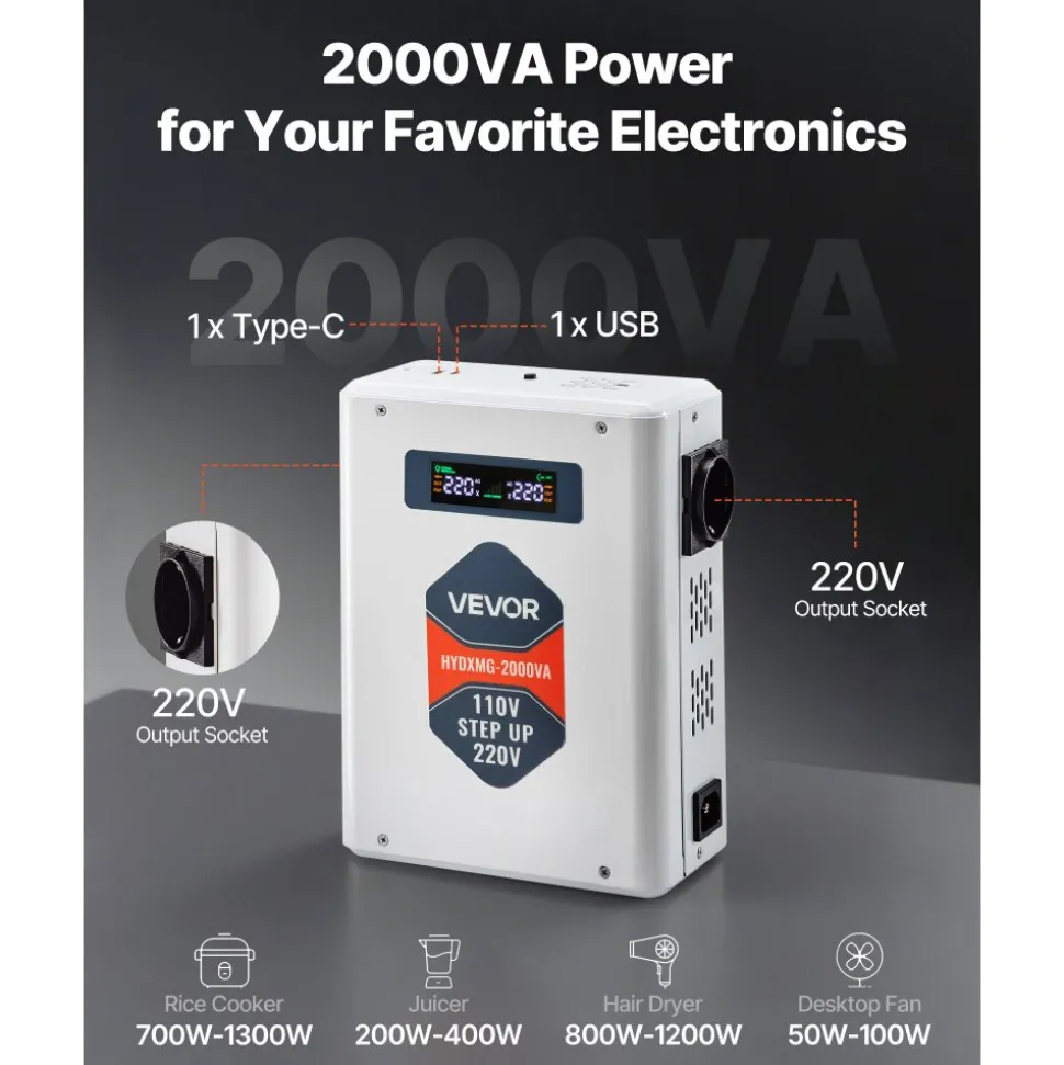 VEVOR Step Up Voltage Converter, 3000VA, Heavy Duty Voltage Power Converter, 110V to 220V Power Transformer, with 2 EU Outlets, USB Output, LCD Display, Temperature Protection, for 220V Appliances