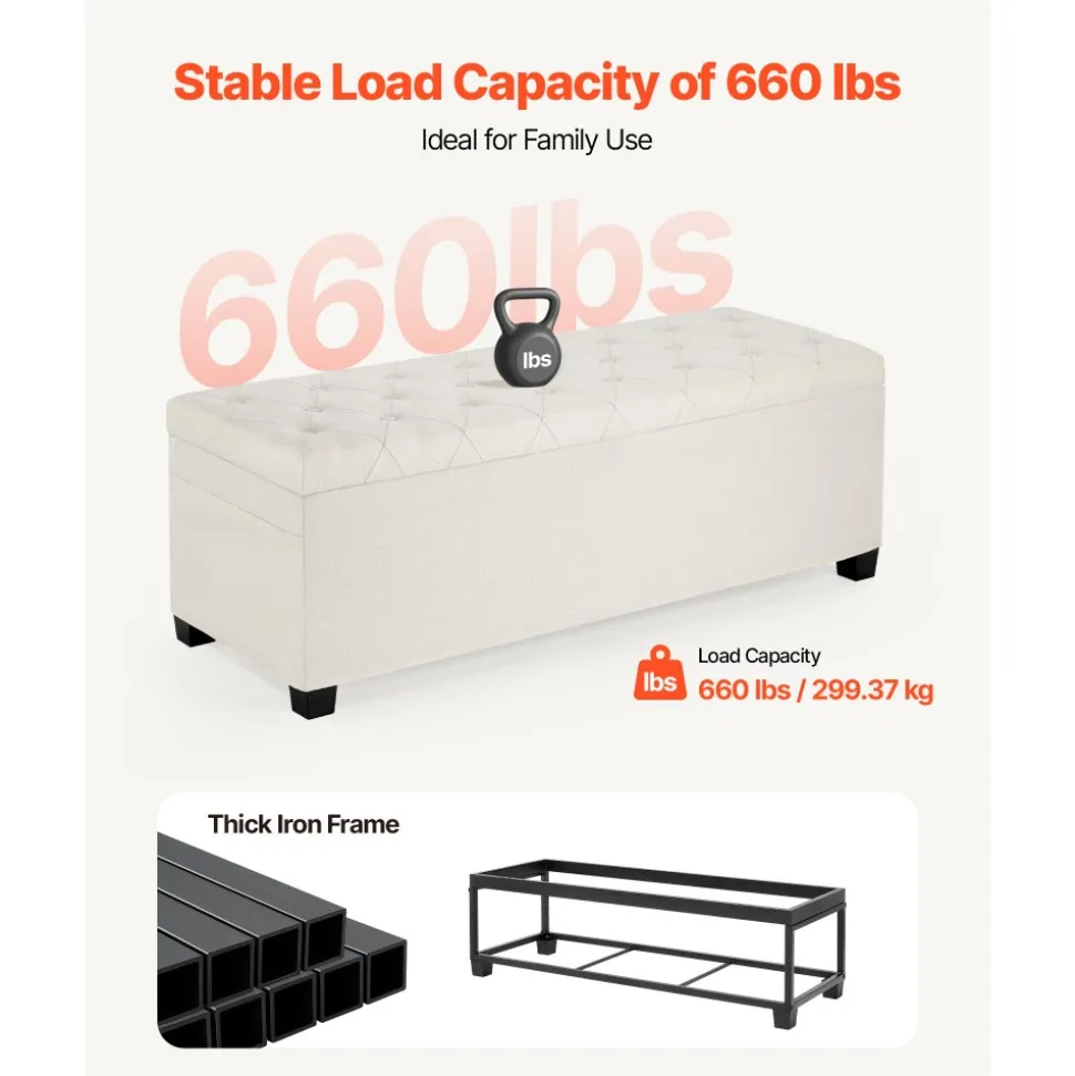VEVOR Storage Ottoman Bench, Button-Tufted End of Bed Bench with Side Bags, Flip-up Upholstered Storage Chest with Metal Frame, Linen Bed Ottoman for Living Room, Bedroom, Entryway, Office, Beige