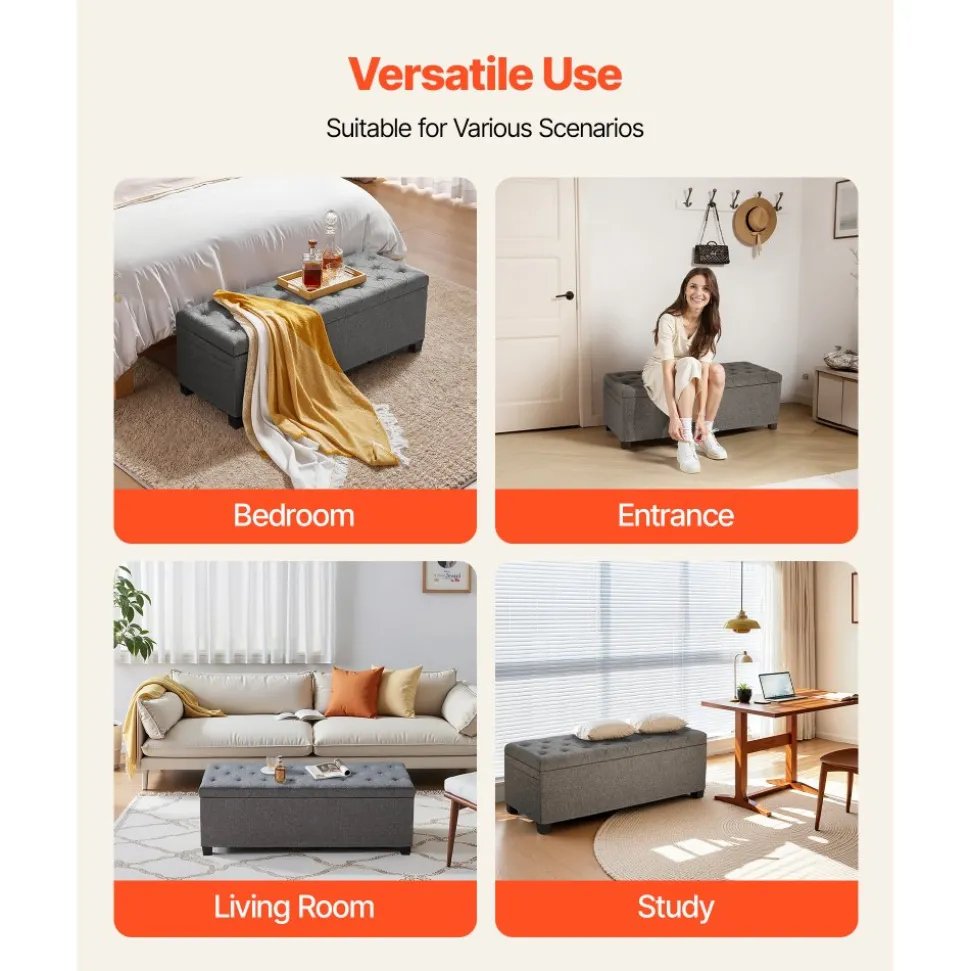 VEVOR Storage Ottoman Bench, Button-Tufted End of Bed Bench with Side Bags, Flip-up Upholstered Storage Chest with Metal Frame, Linen Bed Ottoman for Living Room, Bedroom, Entryway, Office, Grey