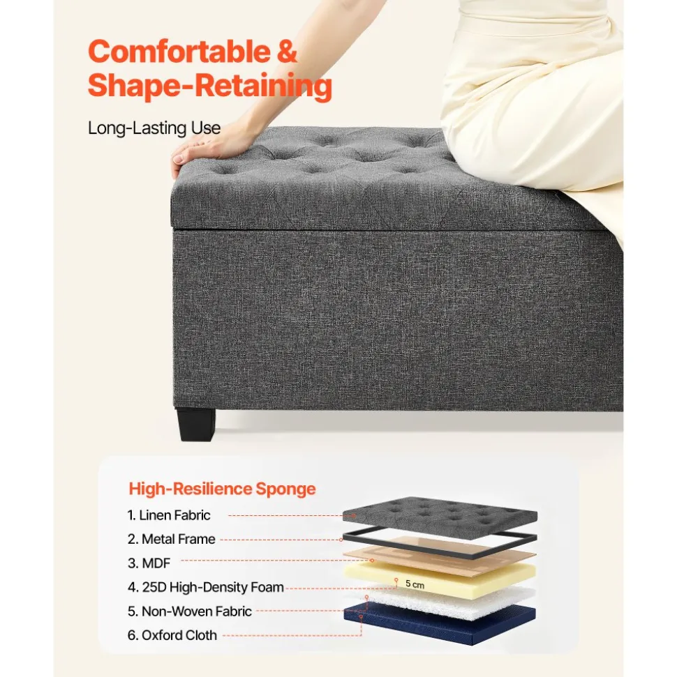 VEVOR Storage Ottoman Bench, Button-Tufted End of Bed Bench with Side Bags, Flip-up Upholstered Storage Chest with Metal Frame, Linen Bed Ottoman for Living Room, Bedroom, Entryway, Office, Grey