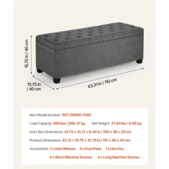 VEVOR Storage Ottoman Bench, Button-Tufted End of Bed Bench with Side Bags, Flip-up Upholstered Storage Chest with Metal Frame, Linen Bed Ottoman for Living Room, Bedroom, Entryway, Office, Grey