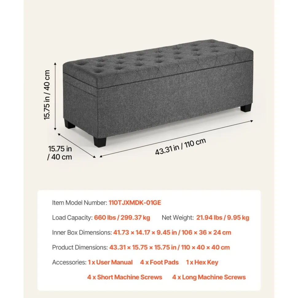 VEVOR Storage Ottoman Bench, Button-Tufted End of Bed Bench with Side Bags, Flip-up Upholstered Storage Chest with Metal Frame, Linen Bed Ottoman for Living Room, Bedroom, Entryway, Office, Grey