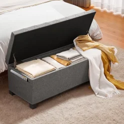 VEVOR Storage Ottoman Bench, Button-Tufted End of Bed Bench with Side Bags, Flip-up Upholstered Storage Chest with Metal Frame, Linen Bed Ottoman for Living Room, Bedroom, Entryway, Office, Grey