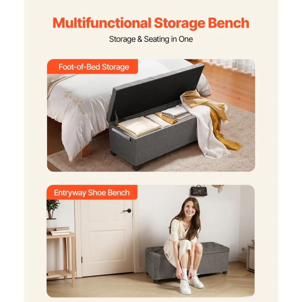 VEVOR Storage Ottoman Bench, Button-Tufted End of Bed Bench with Side Bags, Flip-up Upholstered Storage Chest with Metal Frame, Linen Bed Ottoman for Living Room, Bedroom, Entryway, Office, Grey