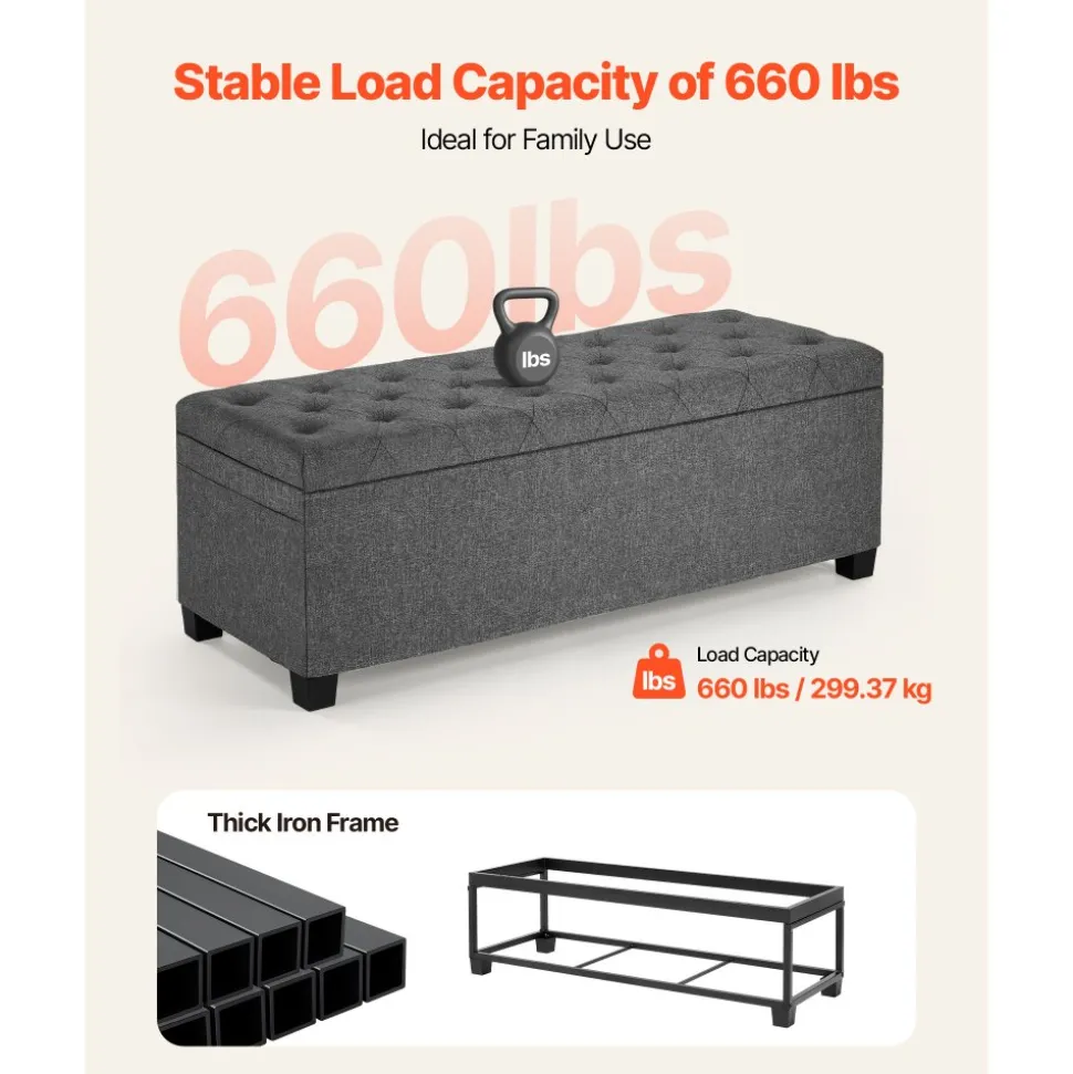 VEVOR Storage Ottoman Bench, Button-Tufted End of Bed Bench with Side Bags, Flip-up Upholstered Storage Chest with Metal Frame, Linen Bed Ottoman for Living Room, Bedroom, Entryway, Office, Grey