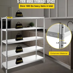 VEVOR Storage Shelf, 5-Tier Storage Shelving Unit, Stainless Steel Garage Shelf, 70.9 x 17.7 x 70.9 inch Heavy Duty Storage Shelving, 1650 Lbs Total Capacity with Adjustable Height