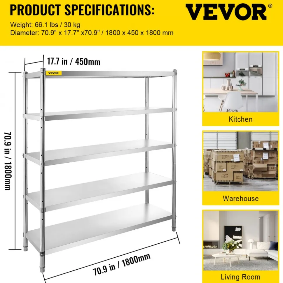 VEVOR Storage Shelf, 5-Tier Storage Shelving Unit, Stainless Steel Garage Shelf, 70.9 x 17.7 x 70.9 inch Heavy Duty Storage Shelving, 1650 Lbs Total Capacity with Adjustable Height