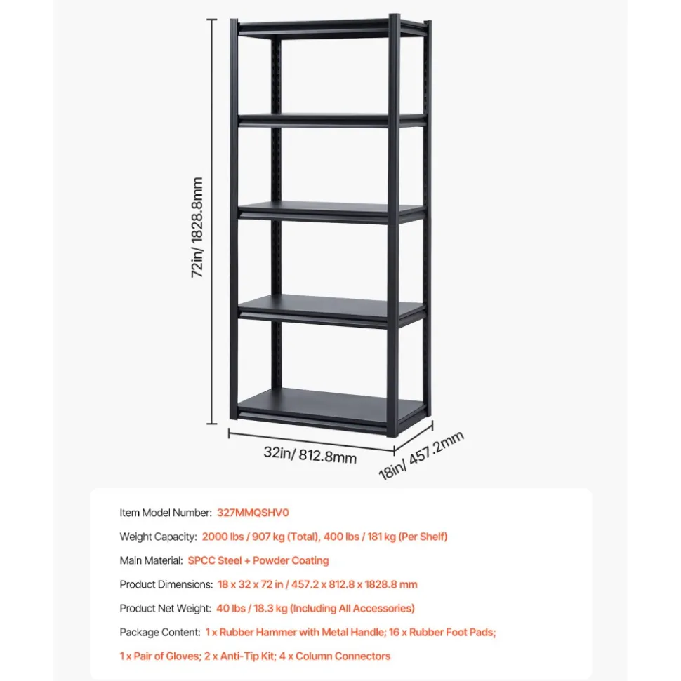 VEVOR Storage Shelves, 2000 lbs, 5 Tier Garage Storage Shelving, 18" D x 32" W x 72" H Adjustable Metal Shelves for Garage Shelves Utility Rack Shelf, Ideal for Kitchen, Warehouse, Basement, Black