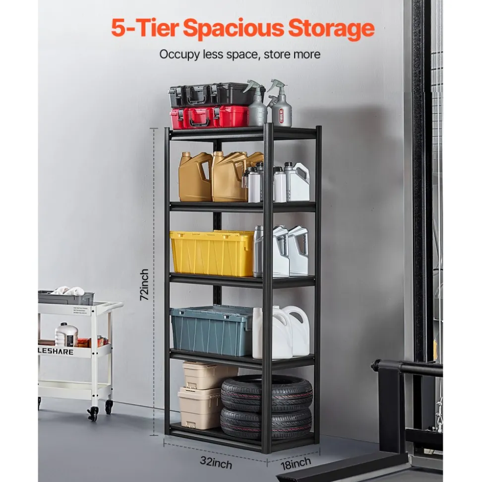 VEVOR Storage Shelves, 2000 lbs, 5 Tier Garage Storage Shelving, 18" D x 32" W x 72" H Adjustable Metal Shelves for Garage Shelves Utility Rack Shelf, Ideal for Kitchen, Warehouse, Basement, Black