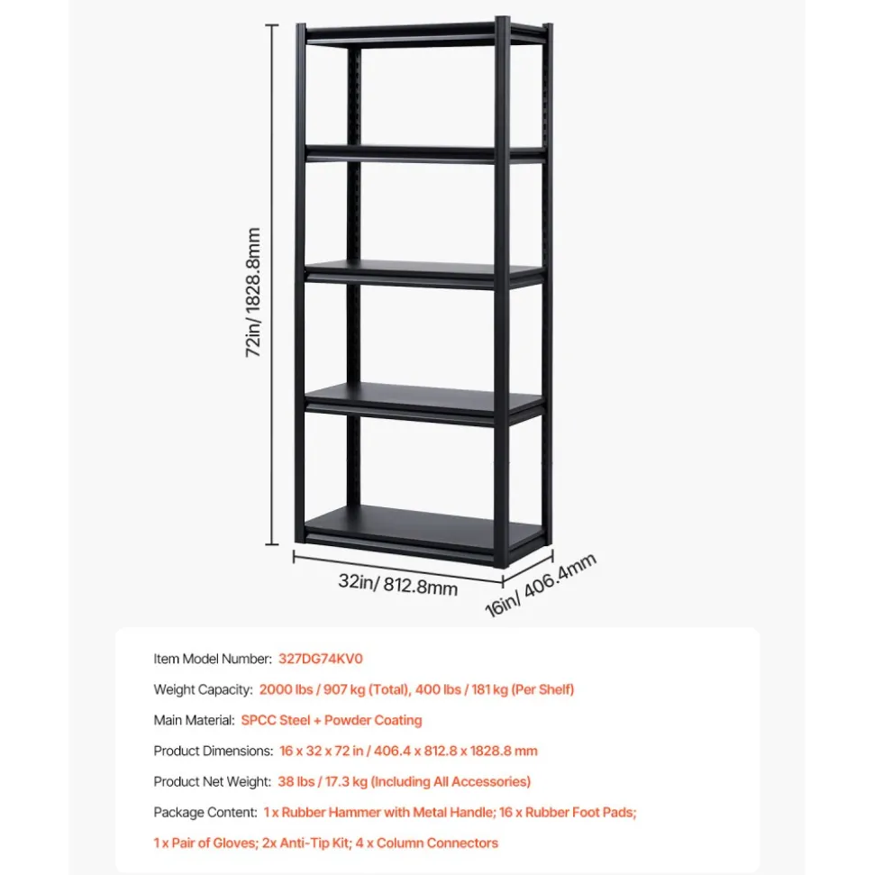 VEVOR Storage Shelves, 2000 lbs, 5 Tier Garage Storage Shelving, 16" D x 32" W x 72" H Adjustable Metal Shelves for Garage Shelves Utility Rack Shelf, Ideal for Kitchen, Warehouse, Basement, Black