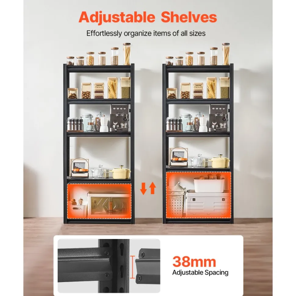VEVOR Storage Shelves, 2000 lbs, 5 Tier Garage Storage Shelving, 16" D x 32" W x 72" H Adjustable Metal Shelves for Garage Shelves Utility Rack Shelf, Ideal for Kitchen, Warehouse, Basement, Black