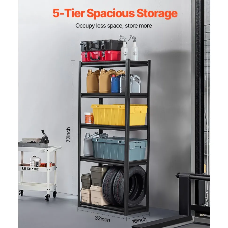 VEVOR Storage Shelves, 2000 lbs, 5 Tier Garage Storage Shelving, 16" D x 32" W x 72" H Adjustable Metal Shelves for Garage Shelves Utility Rack Shelf, Ideal for Kitchen, Warehouse, Basement, Black