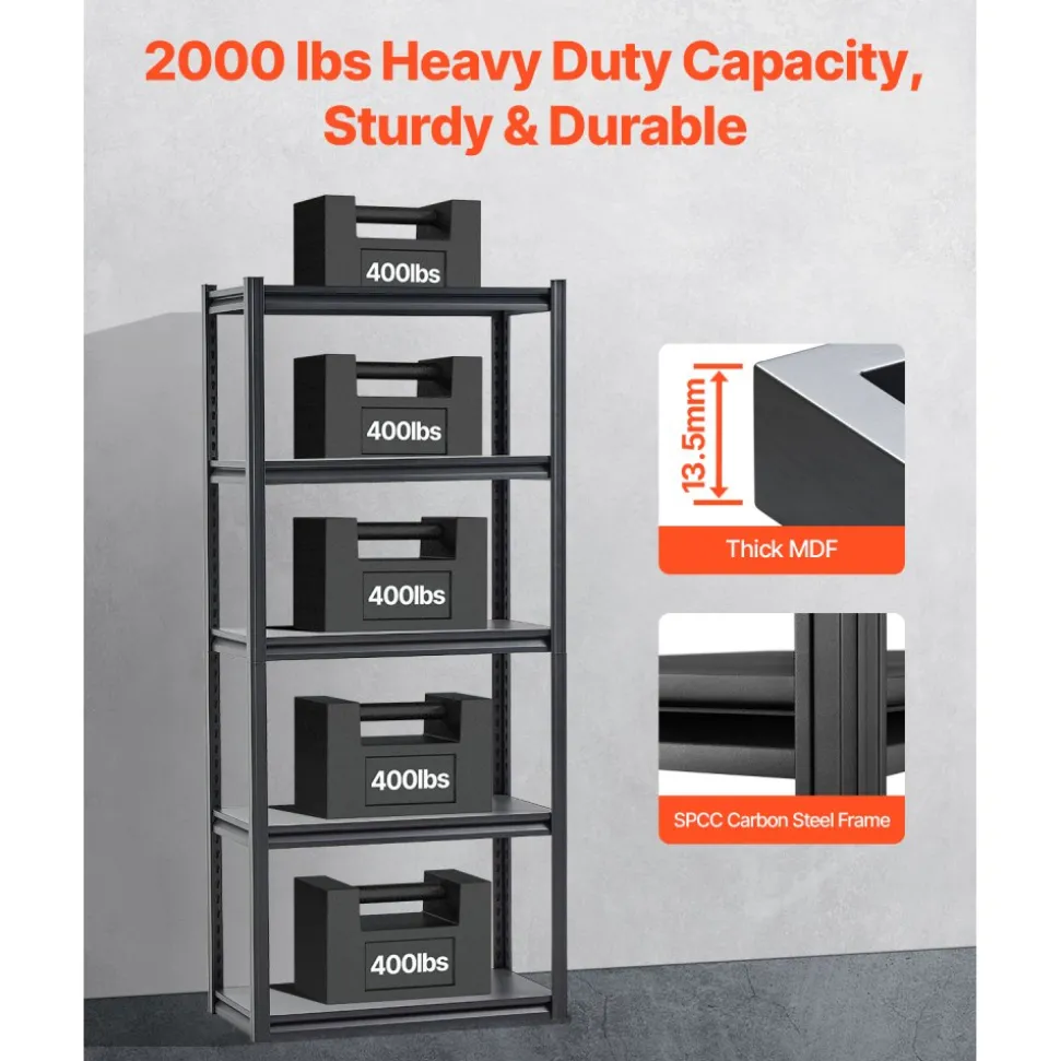 VEVOR Storage Shelves, 2000 lbs, 5 Tier Garage Storage Shelving, 16" D x 32" W x 72" H Adjustable Metal Shelves for Garage Shelves Utility Rack Shelf, Ideal for Kitchen, Warehouse, Basement, Black